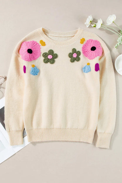 Plus Size Crochet Flower Round Neck Long Sleeve Sweater-Angel Casuals