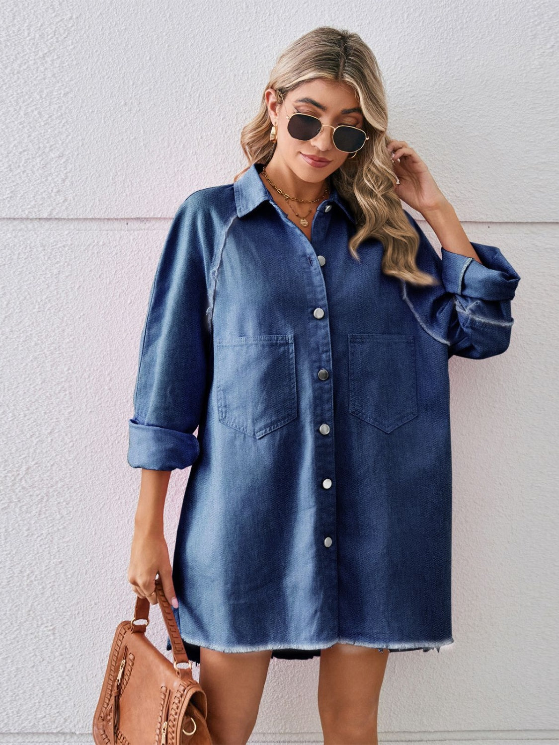 Raw Hem Button Up Denim Dress-Angel Casuals