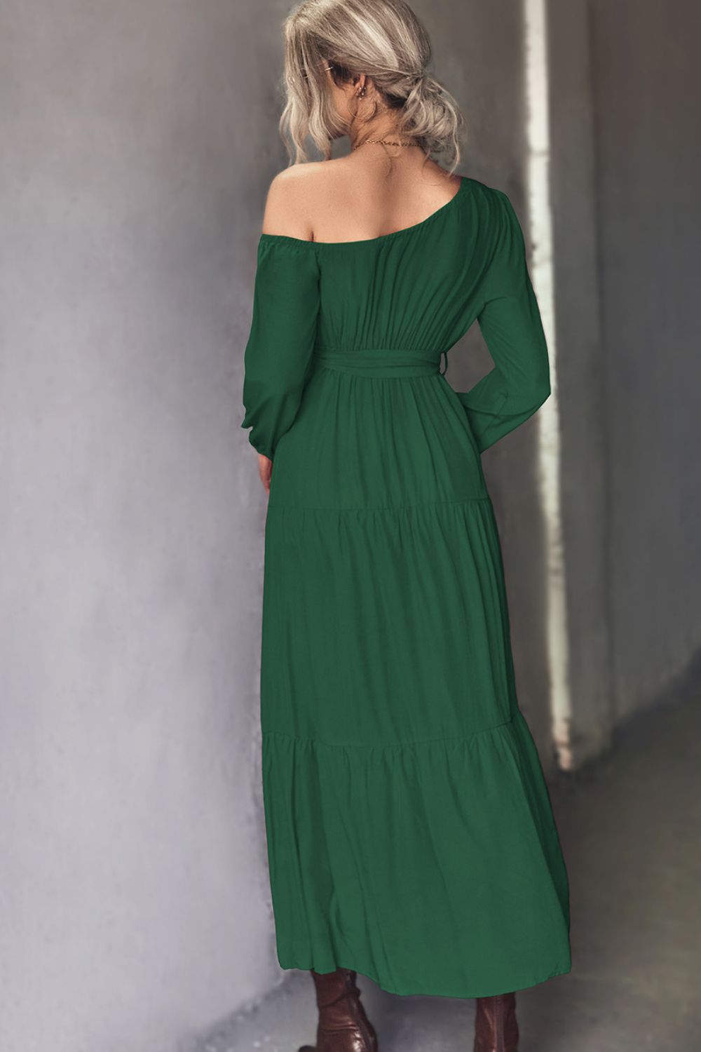 Belted One-Shoulder Tiered Maxi Dress-Angel Casuals