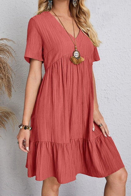 Full Size Ruched V-Neck Short Sleeve Dress-Angel Casuals