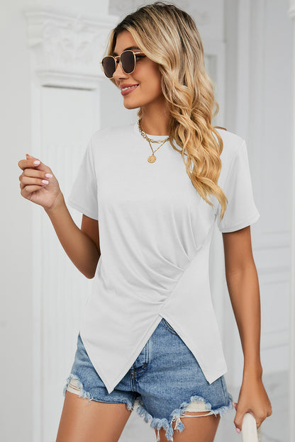 Ruched Round Neck Short Sleeve T-Shirt-Angel Casuals
