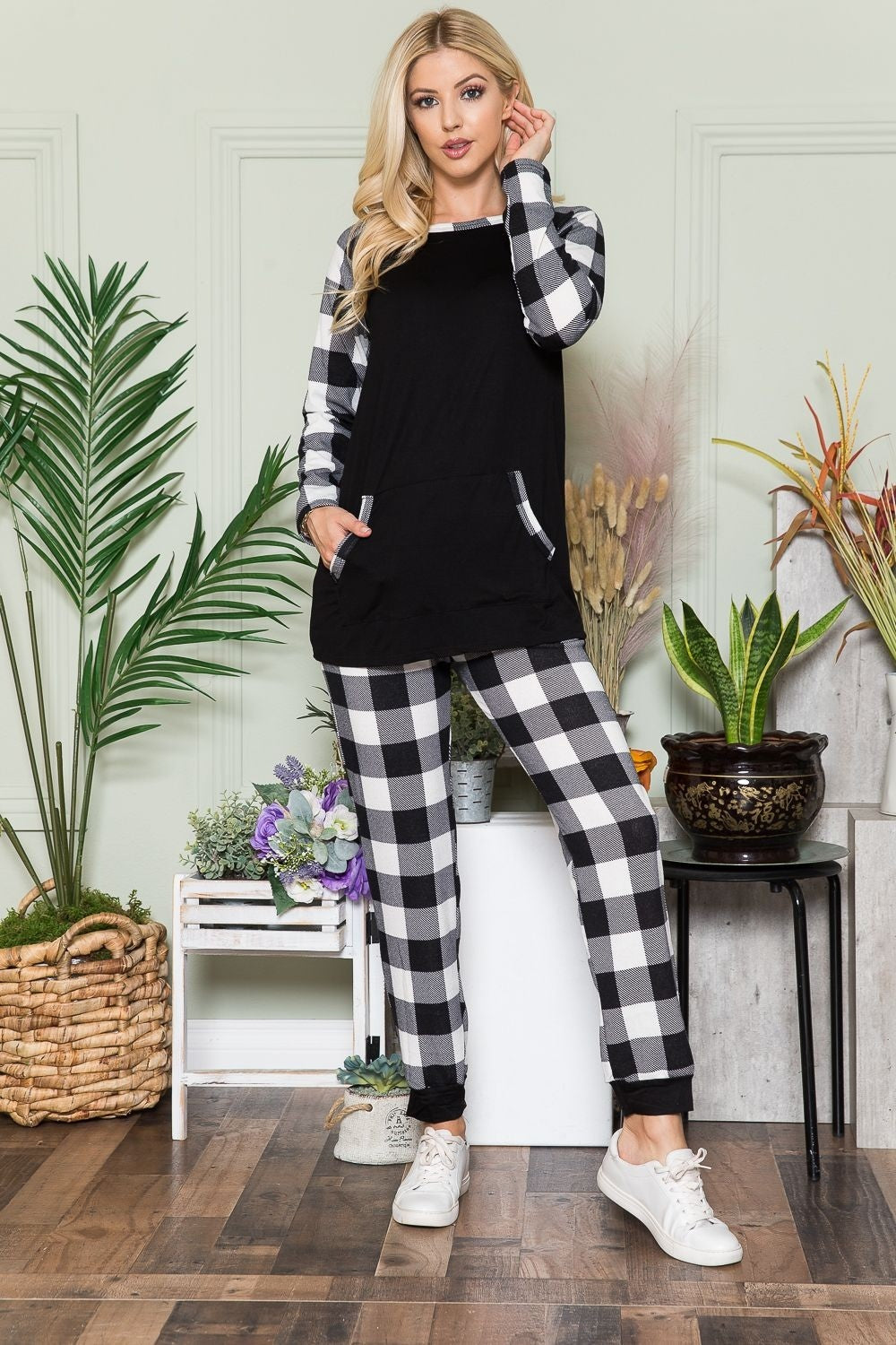 Celeste Plaid Long Sleeve T-Shirt with Pockets-Angel Casuals