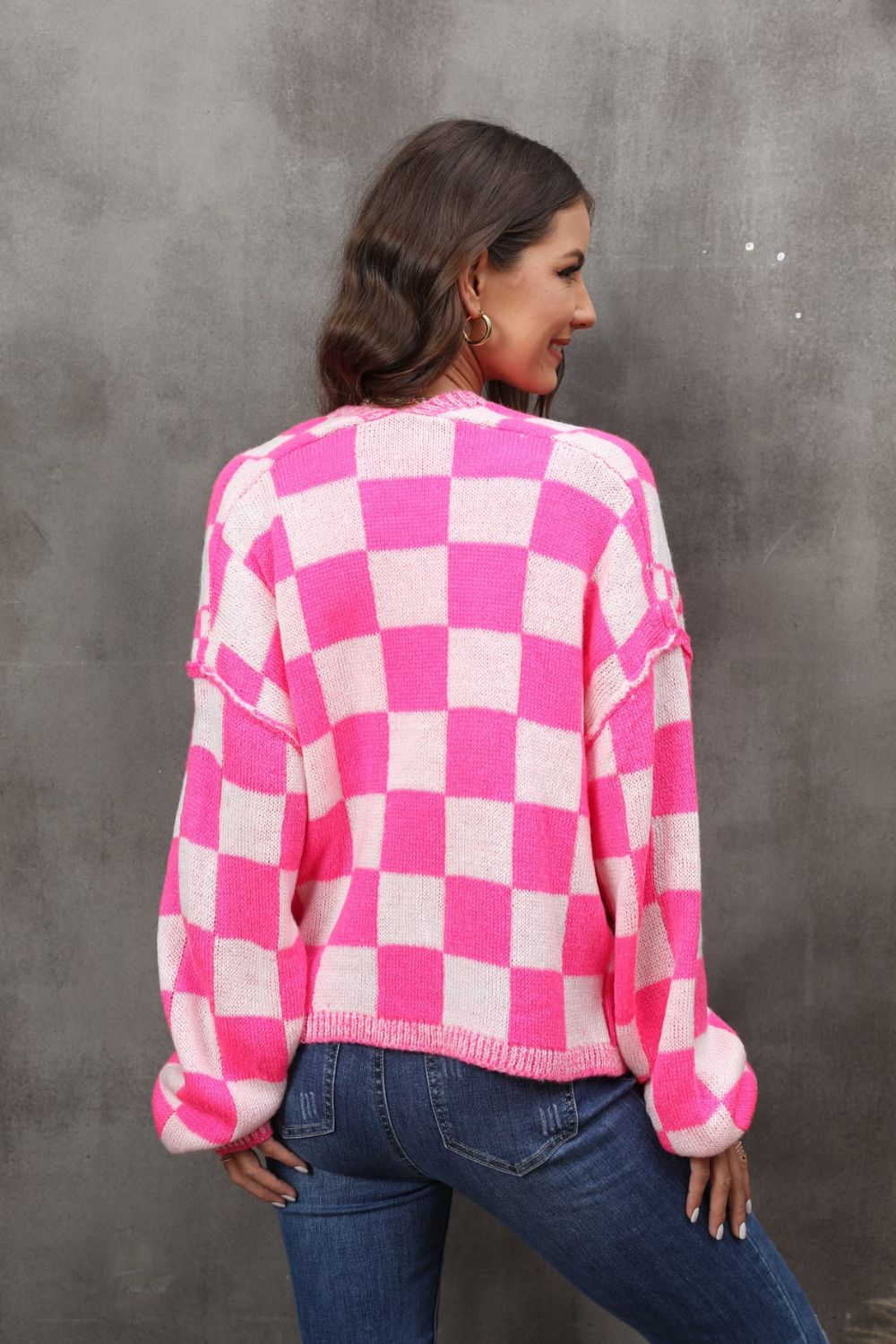 Checkered Open Front Drop Shoulder Cardigan-Angel Casuals