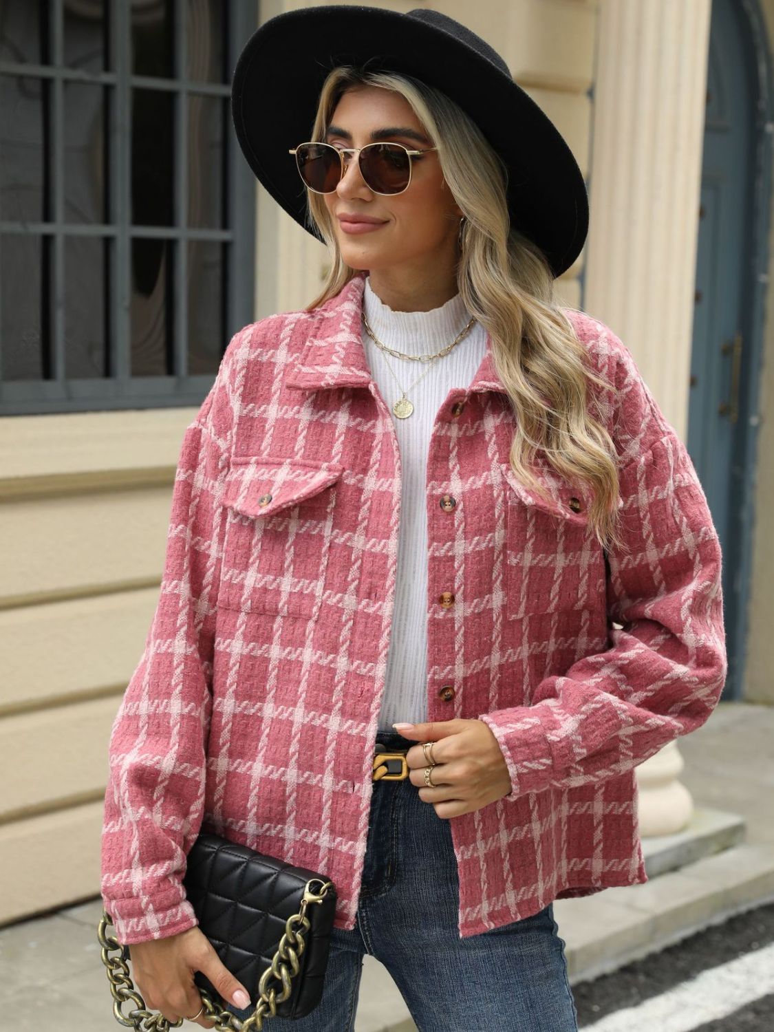 Plaid Collared Neck Long Sleeve Jacket-Angel Casuals