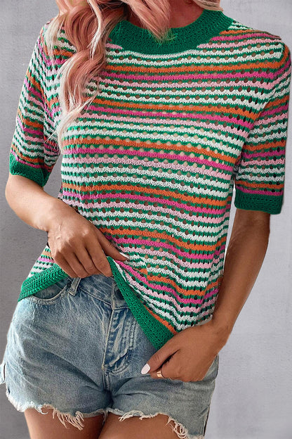 Openwork Striped Short Sleeve Knit Top-Angel Casuals