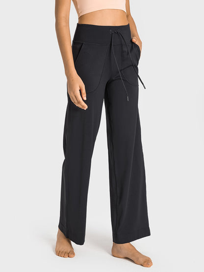 Drawstring Waist Wide Leg Sports Pants with Pockets-Angel Casuals