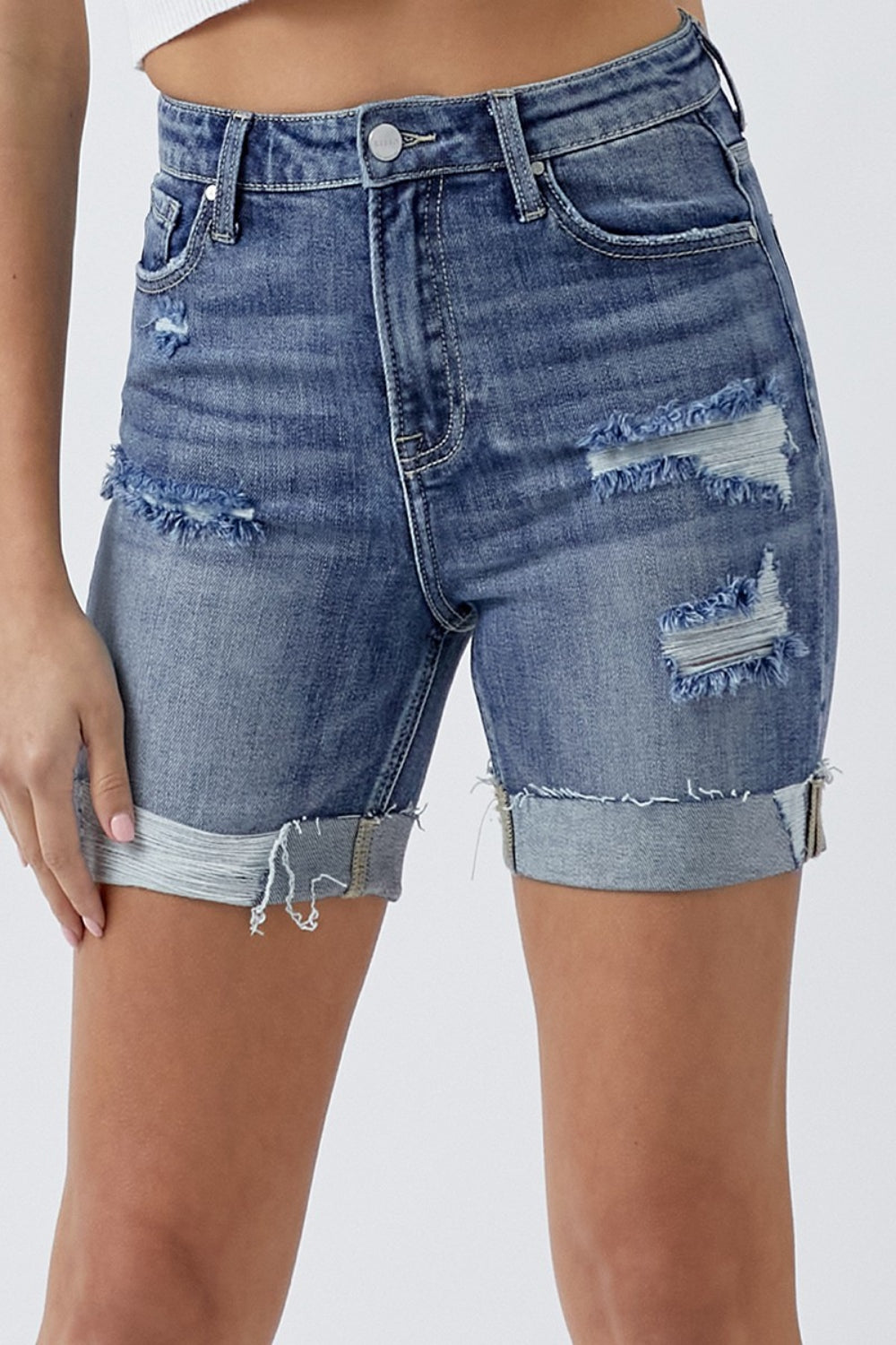 RISEN Full Size Distressed Rolled Denim Shorts with Pockets-Angel Casuals