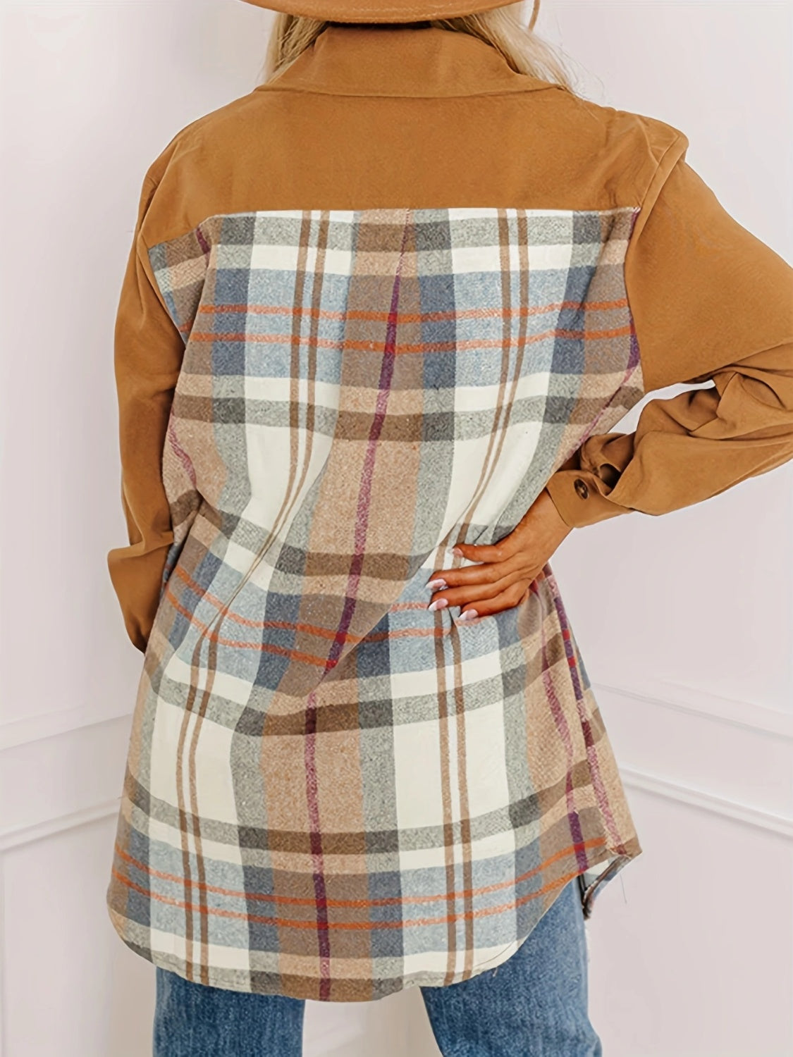 Plaid Collared Neck Long Sleeve Jacket-Angel Casuals