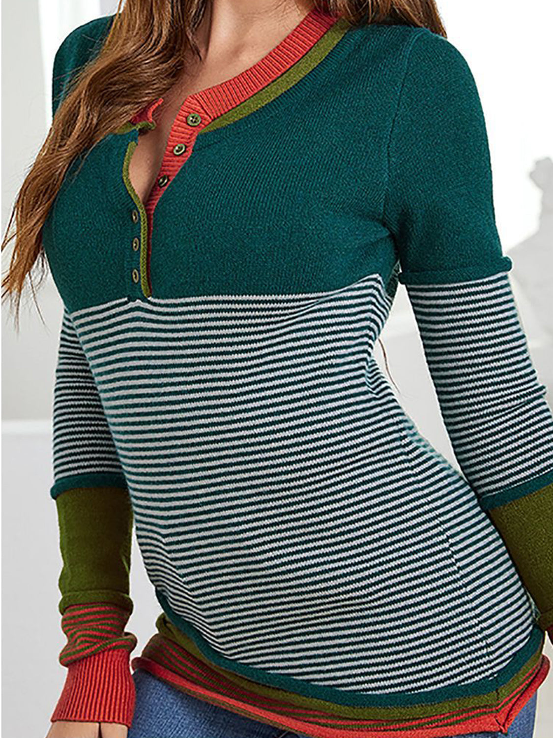 Striped Contrast Notched Long Sleeve Sweater-Angel Casuals