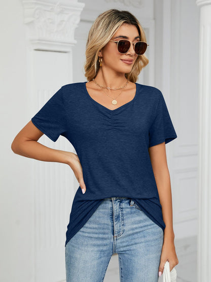 Ruched V-Neck Short Sleeve T-Shirt-Angel Casuals