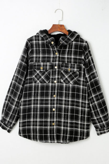 Plaid Button Up Long Sleeve Hooded Jacket-Angel Casuals