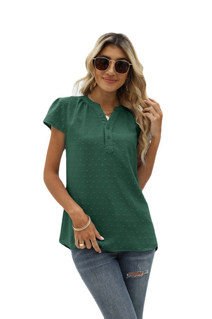 Swiss Dot Notched Neck Short Sleeve Top-Angel Casuals