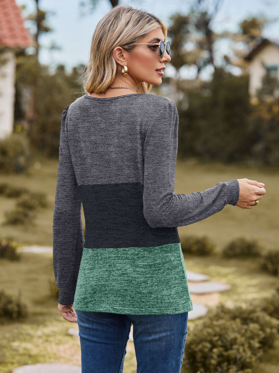 Color Block Square Neck Long Sleeve T-Shirt-Angel Casuals