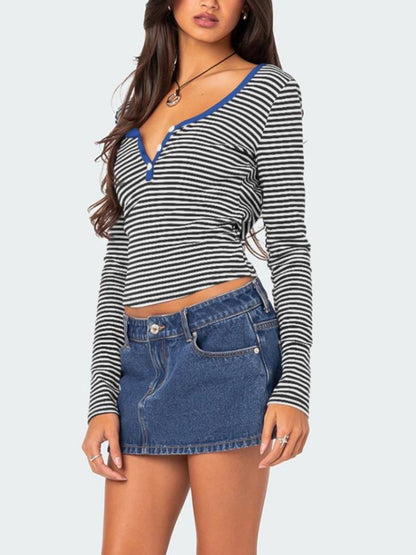 Buttoned Striped Long Sleeve T-Shirt-Angel Casuals