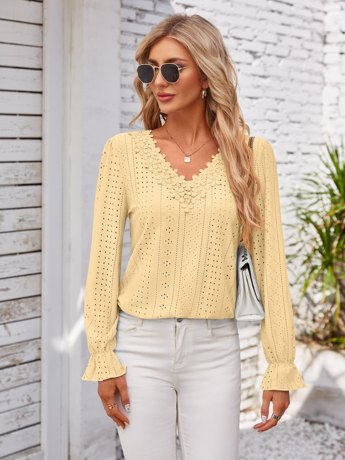 Applique V-Neck Flounce Sleeve T-Shirt-Angel Casuals
