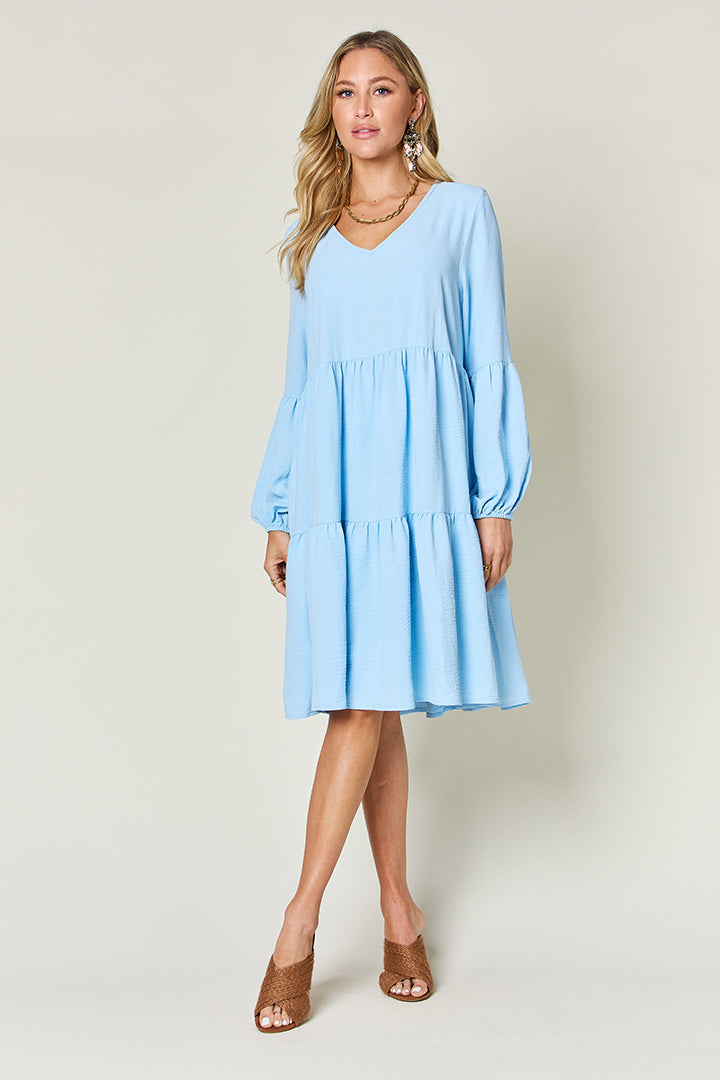 Double Take Full Size V-Neck Balloon Sleeve Tiered Dress-Angel Casuals