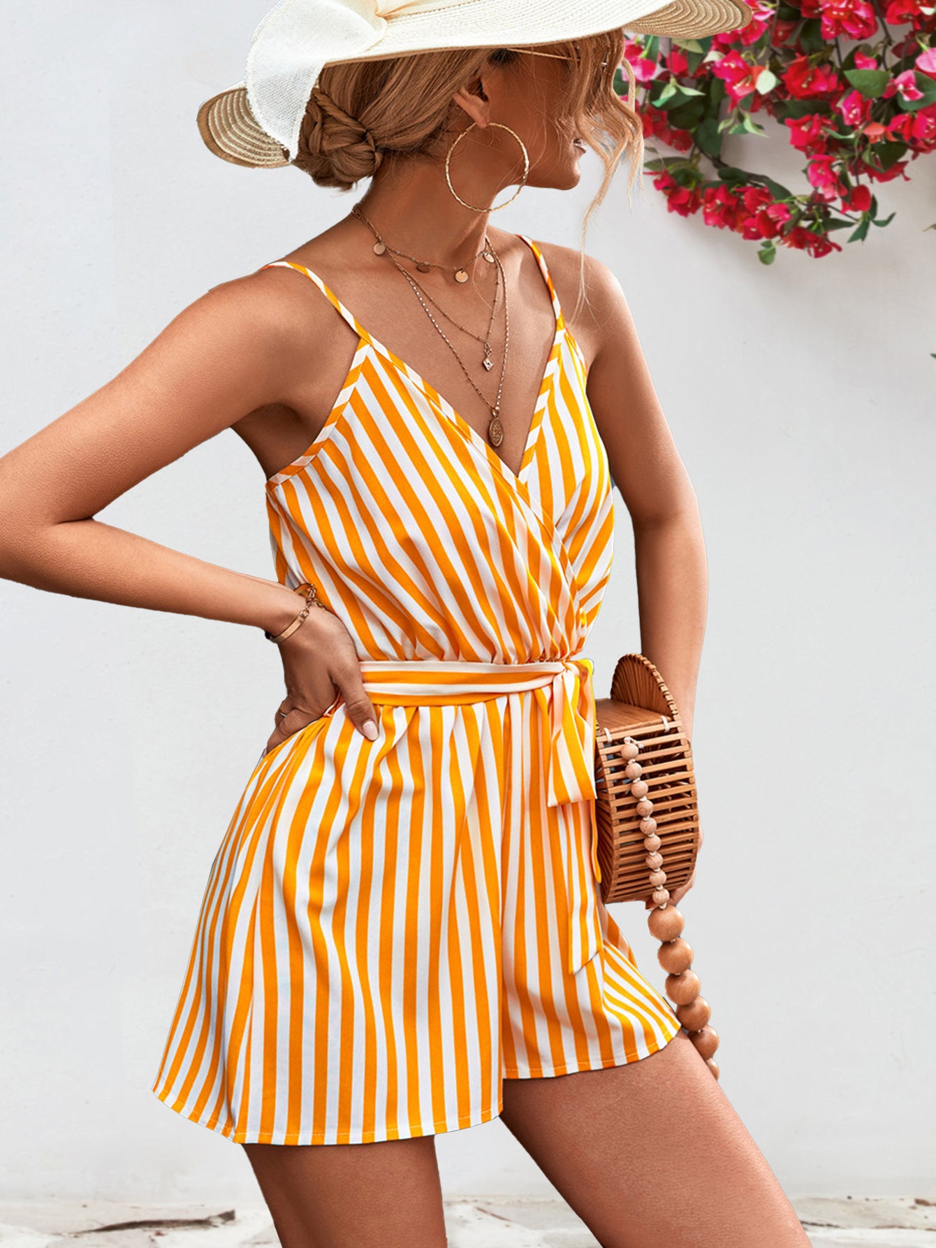 Striped Tie Waist Spaghetti Strap Romper-Angel Casuals