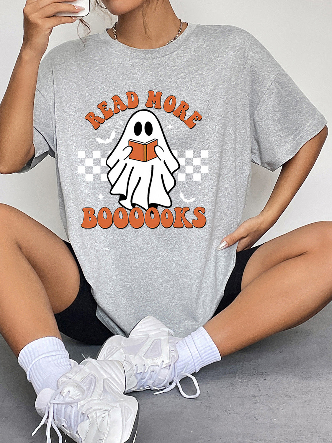 Round Neck Short Sleeve Ghost Graphic T-Shirt-Angel Casuals