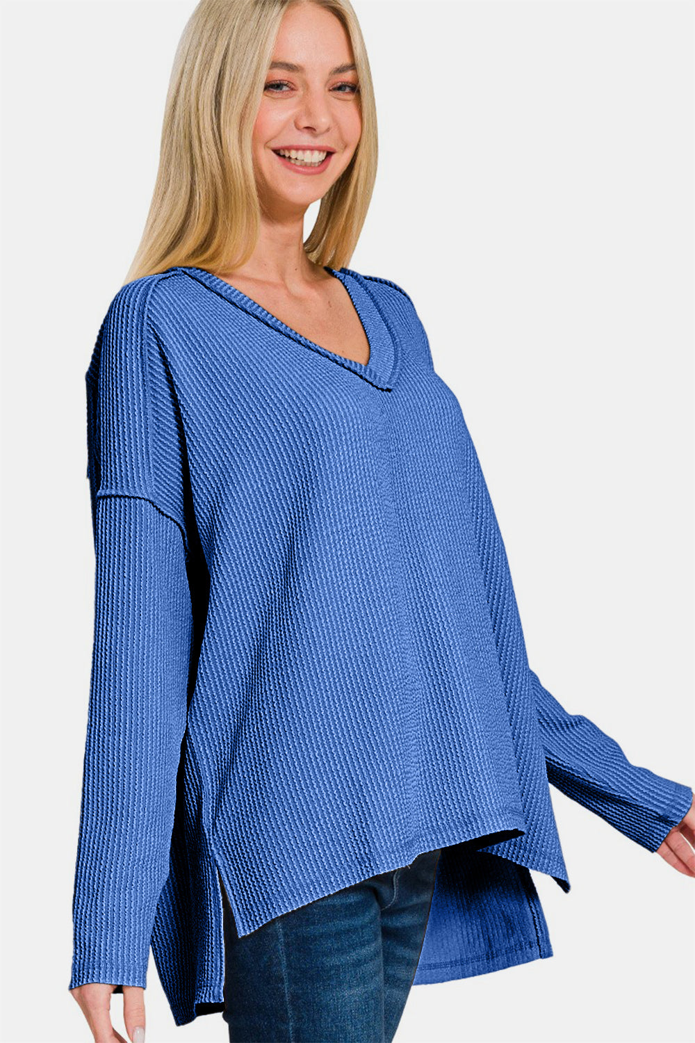 Zenana Texture Exposed Seam V-Neck Long Sleeve T-Shirt-Angel Casuals