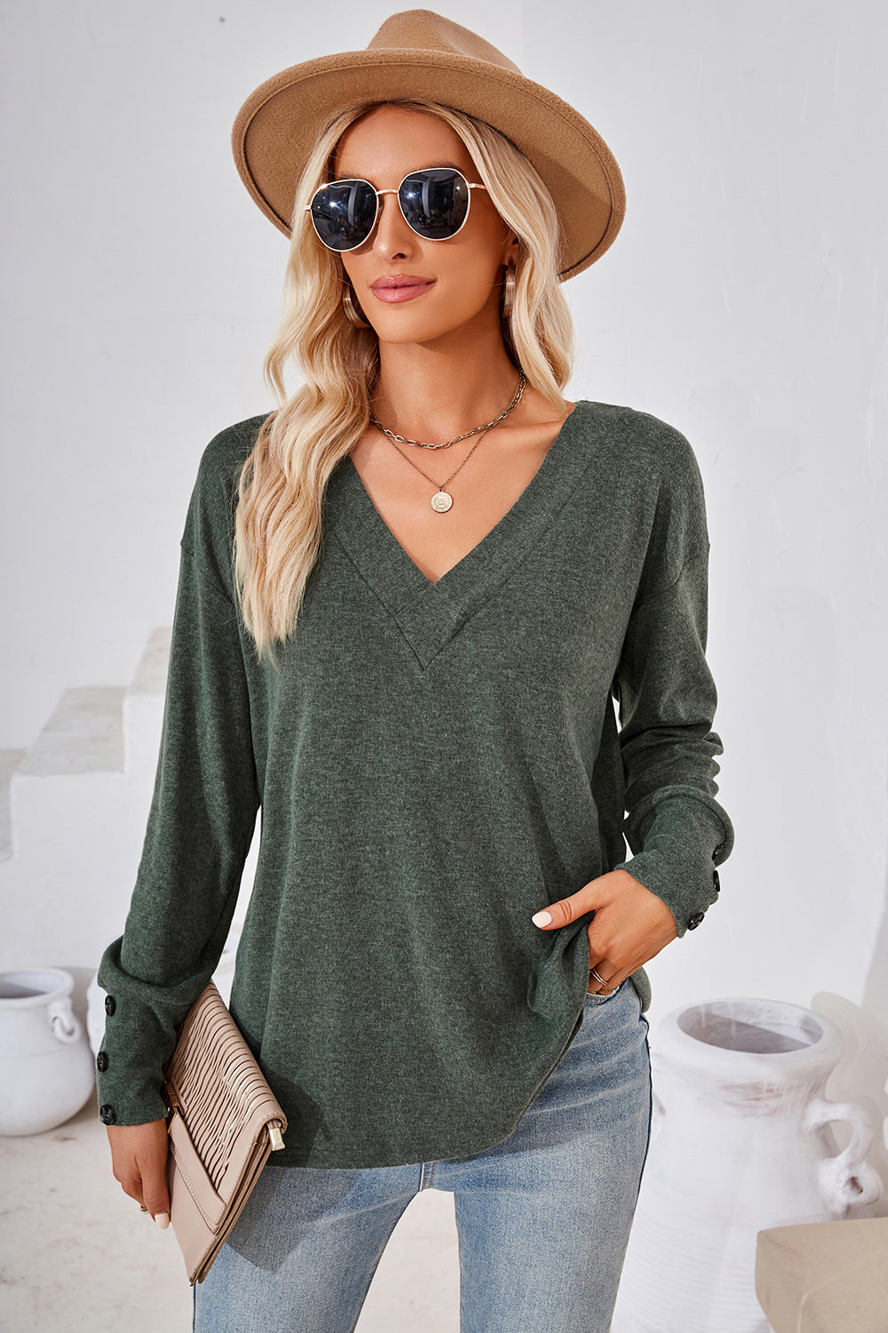 V-Neck Dropped Shoulder T-Shirt-Angel Casuals
