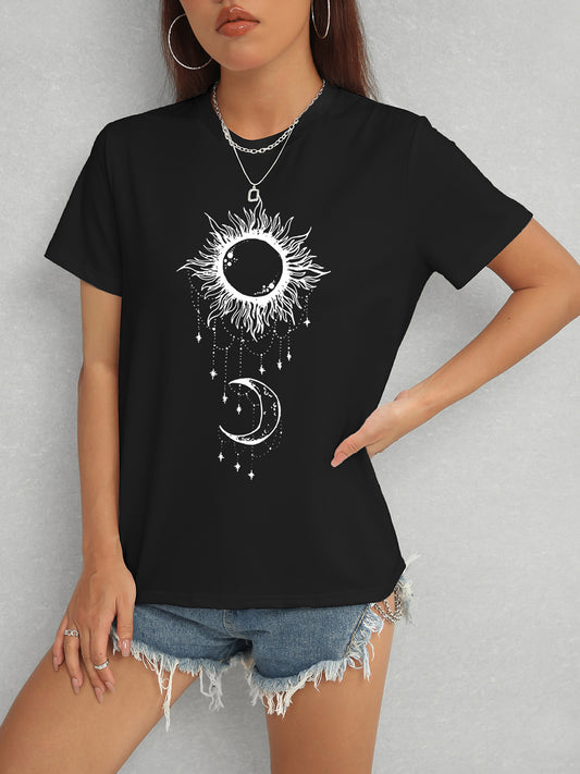 Sun & Moon Graphic Round Neck T-Shirt-Angel Casuals