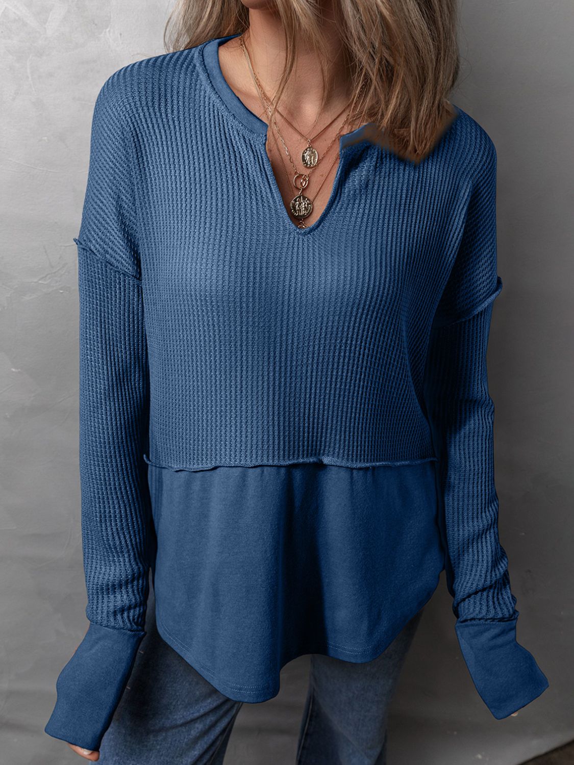 Waffle-Knit Notched Long Sleeve T-Shirt-Angel Casuals