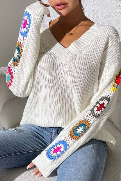 Crochet Flower V-Neck Sweater-Angel Casuals