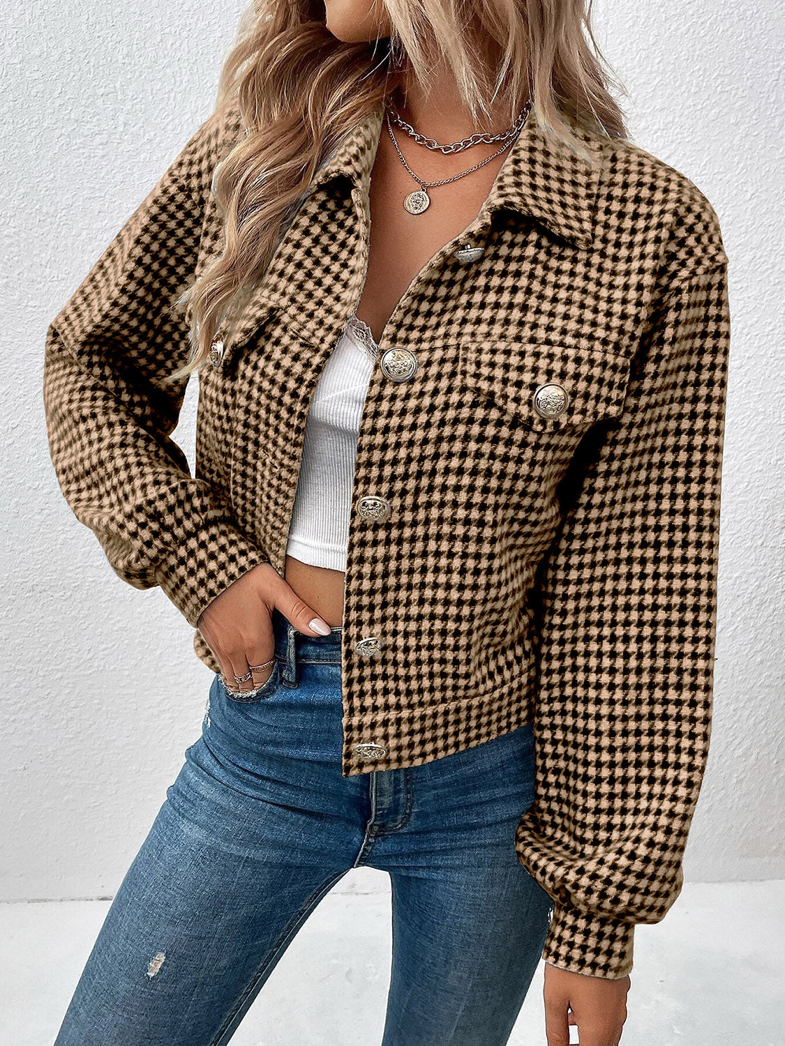 Houndstooth Collared Neck Button Up Jacket-Angel Casuals