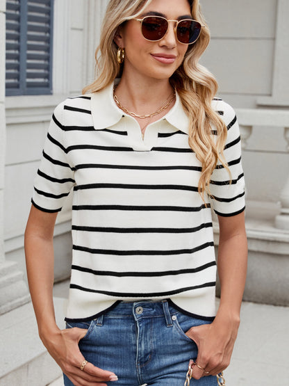 Striped Johnny Collar Short Sleeve Sweater-Angel Casuals