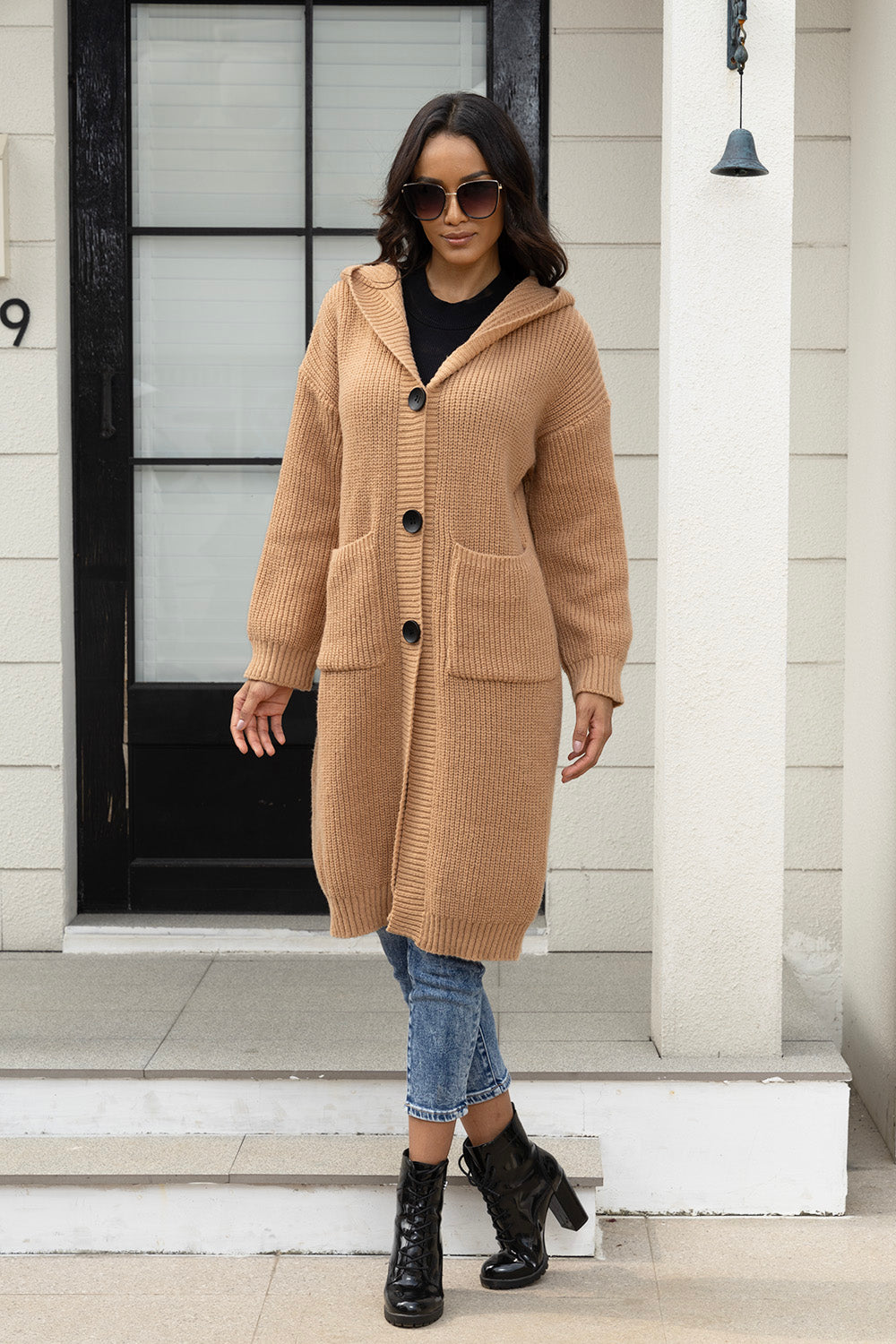 Button Up Long Sleeve Hooded Cardigan with Pockets-Angel Casuals