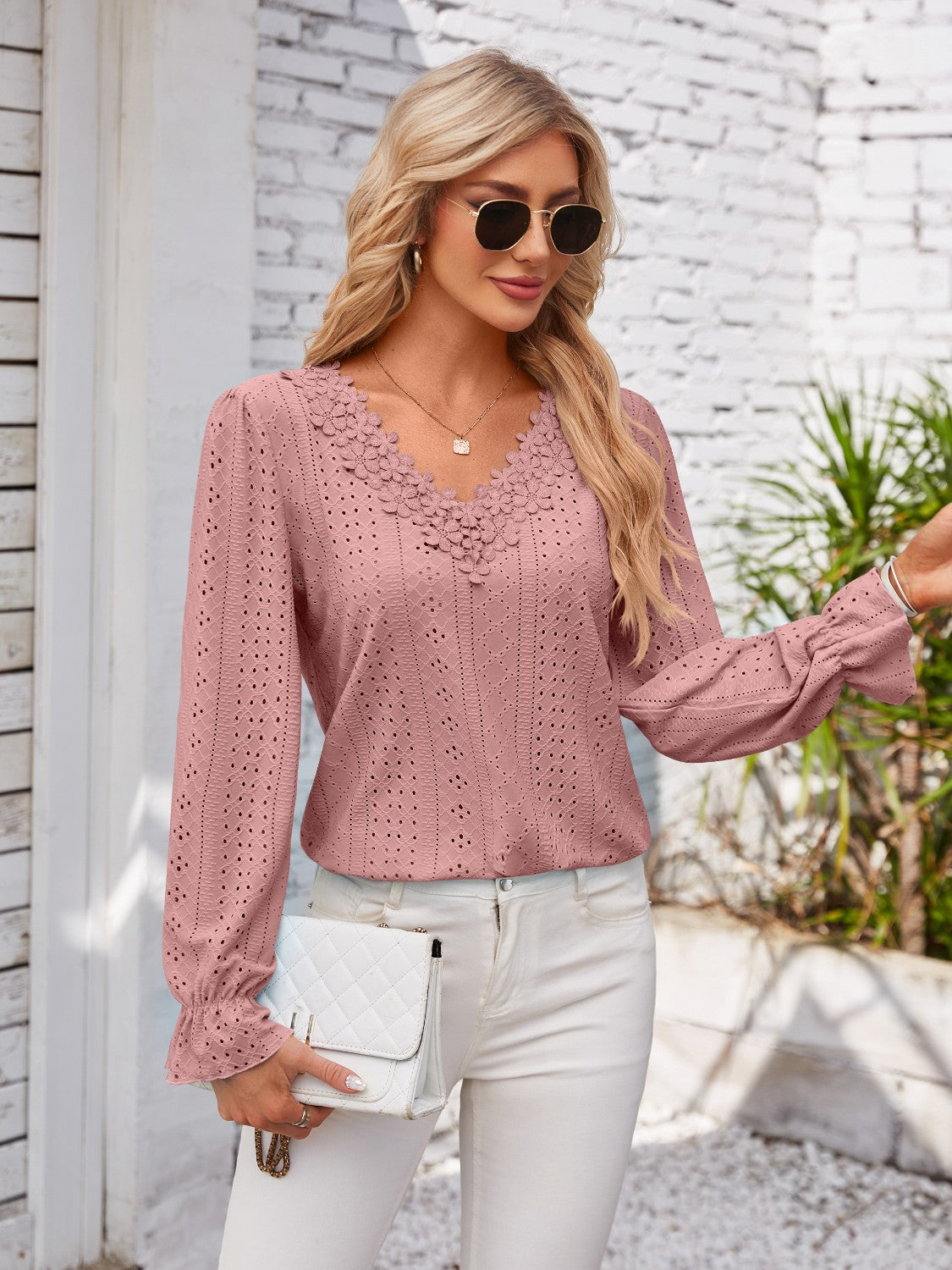Applique V-Neck Flounce Sleeve T-Shirt-Angel Casuals