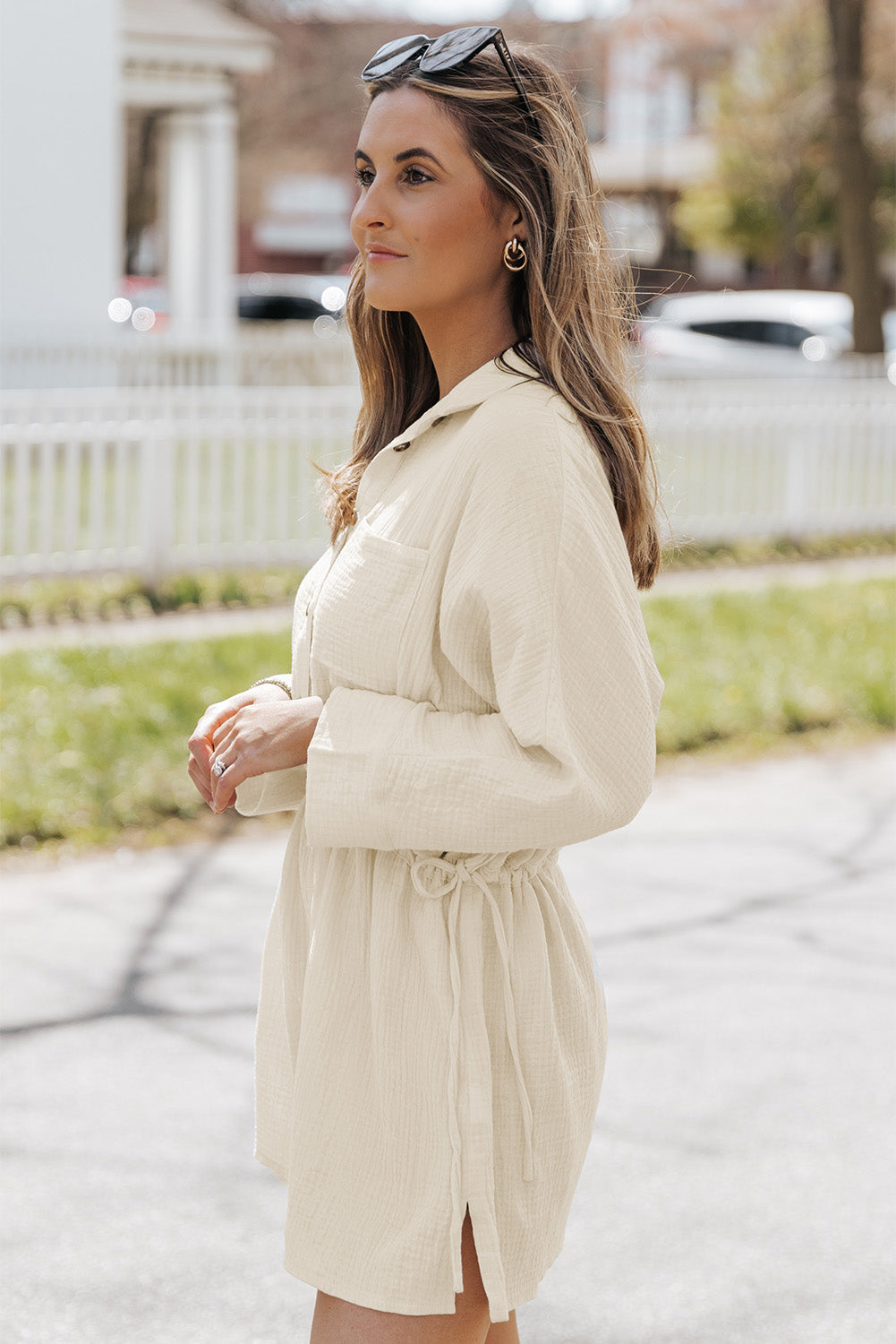 Button-Up Long Sleeve Collared Neck Mini Dress-Angel Casuals