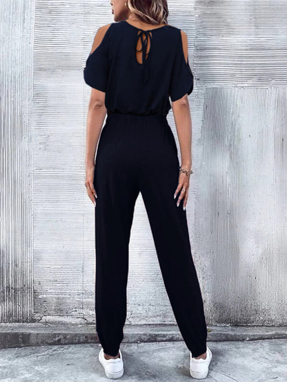 V-Neck Cold-Shoulder Jumpsuit with Pockets-Angel Casuals