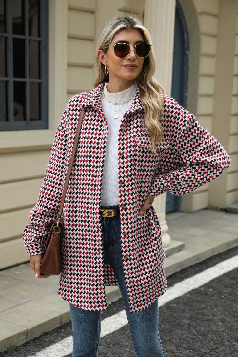 Houndstooth Button Up Dropped Shoulder Coat-Angel Casuals