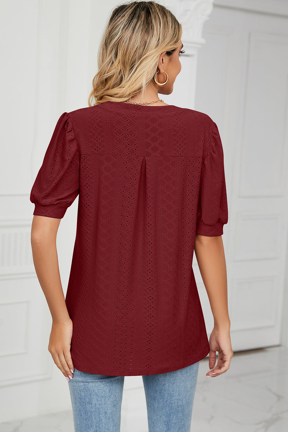Eyelet Notched Short Sleeve T-Shirt-Angel Casuals