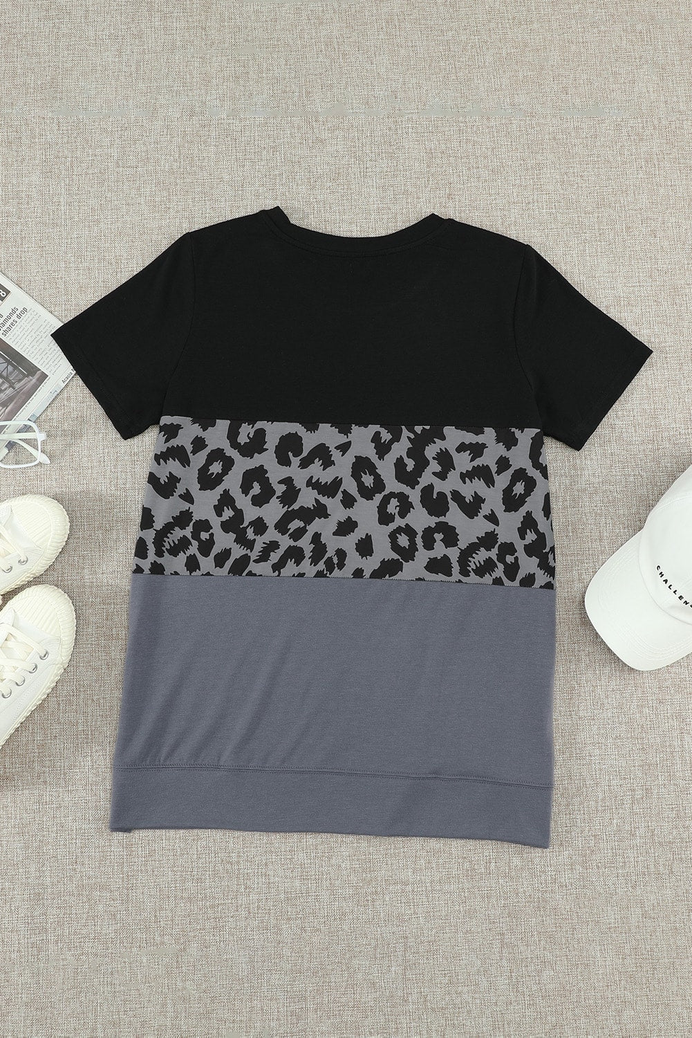 Leopard Print Color Block Short Sleeve T-Shirt-Angel Casuals