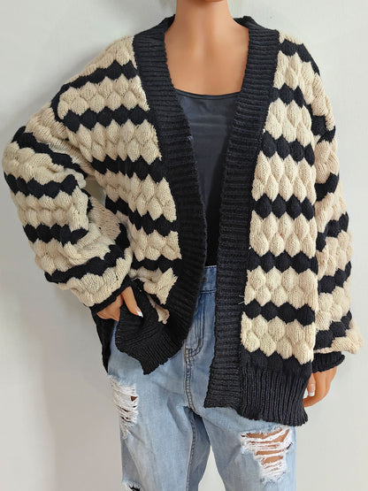 Striped Contrast Open Front Long Sleeve Cardigan-Angel Casuals