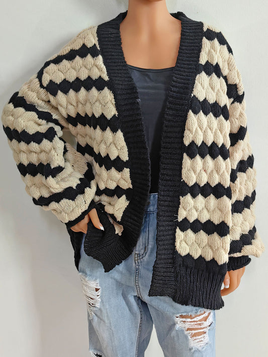Striped Contrast Open Front Long Sleeve Cardigan-Angel Casuals