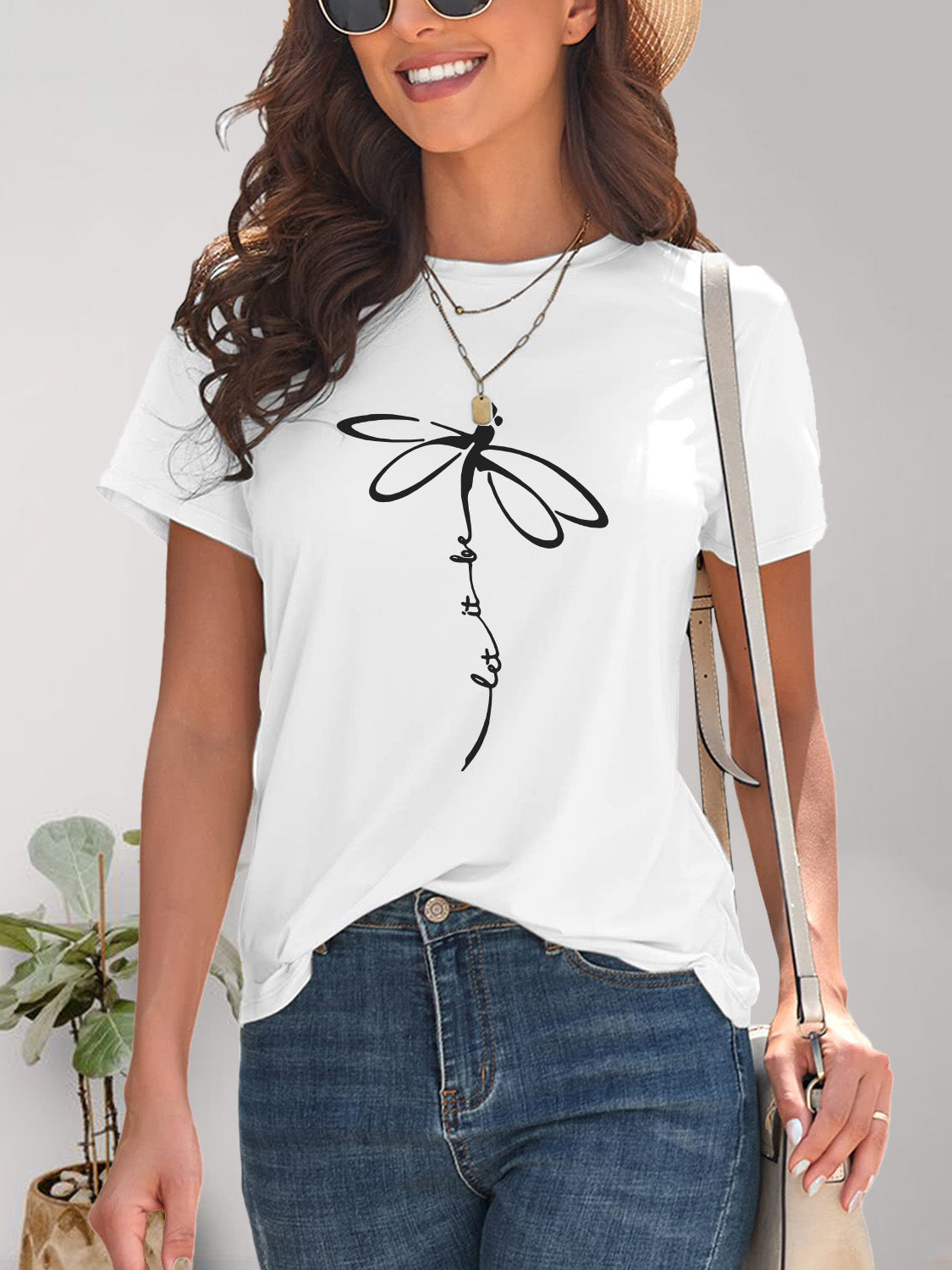 Dragonfly Graphic Round Neck Short Sleeve T-Shirt-Angel Casuals