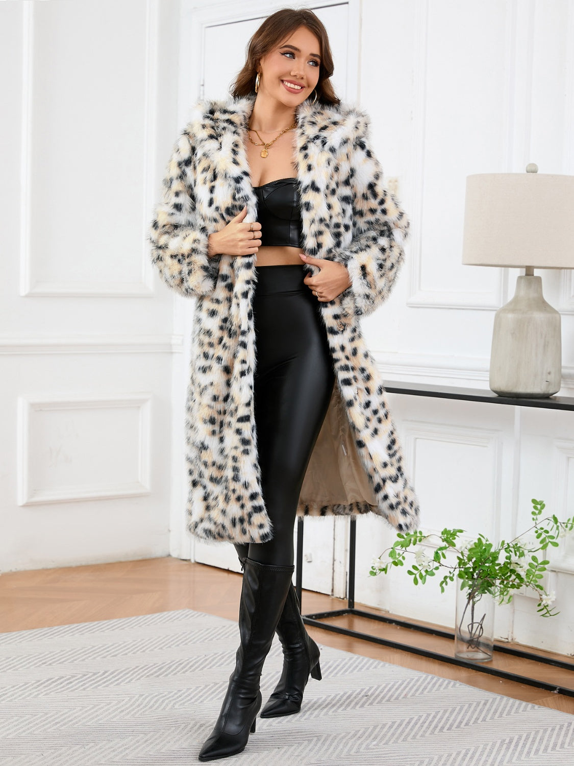 Thermal Leopard Faux Fur Hooded Outerwear-Angel Casuals