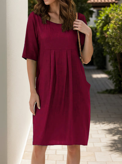 Full Size Round Neck Half Sleeve Dress with Pockets-Angel Casuals