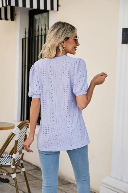 Eyelet Puff Sleeve V-Neck Top-Angel Casuals