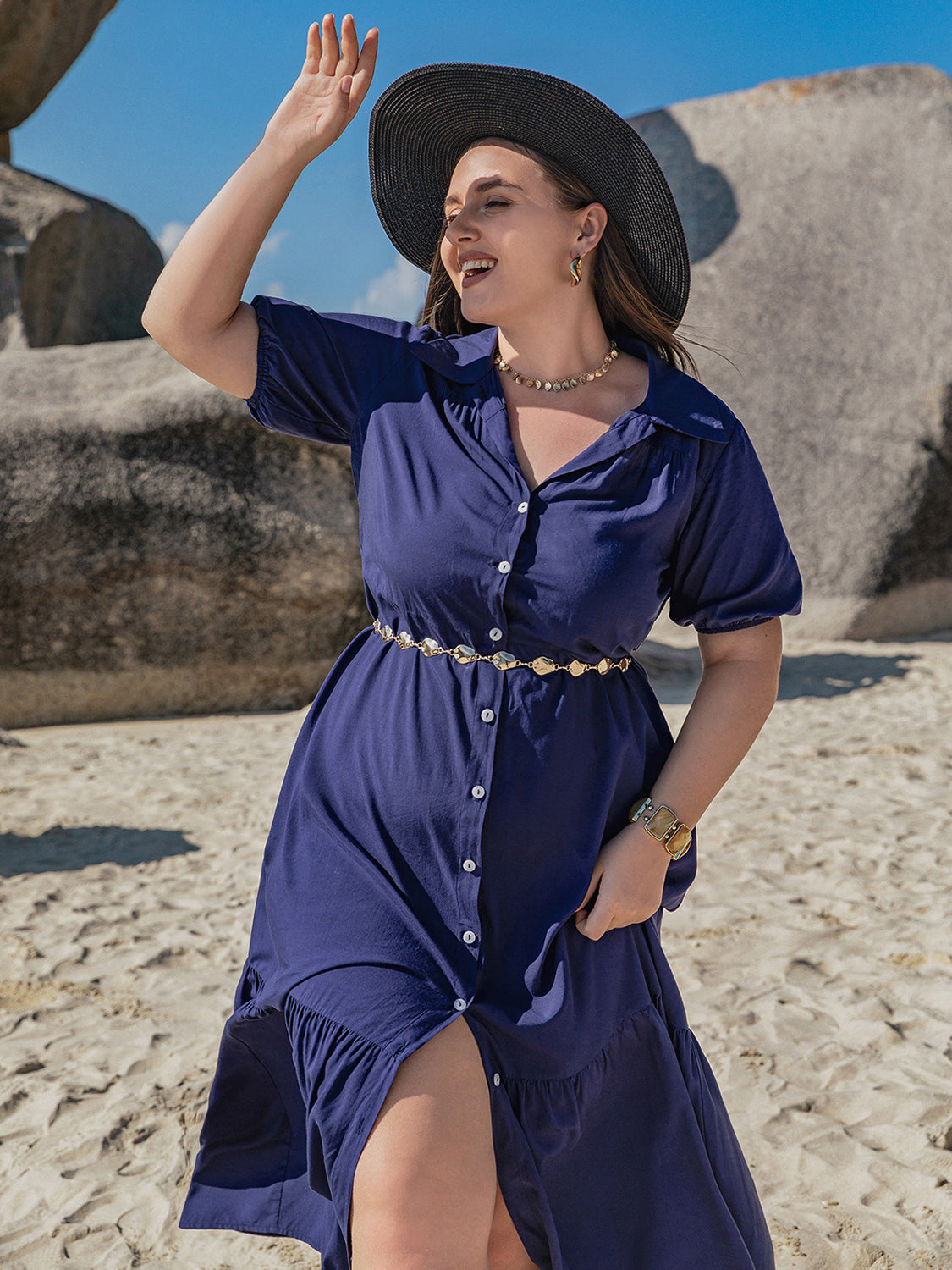 Plus Size Collared Neck Short Sleeve Midi Dress-Angel Casuals