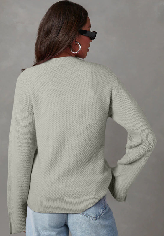 Slit Cuff Round Neck Long Sleeve Sweater-Angel Casuals