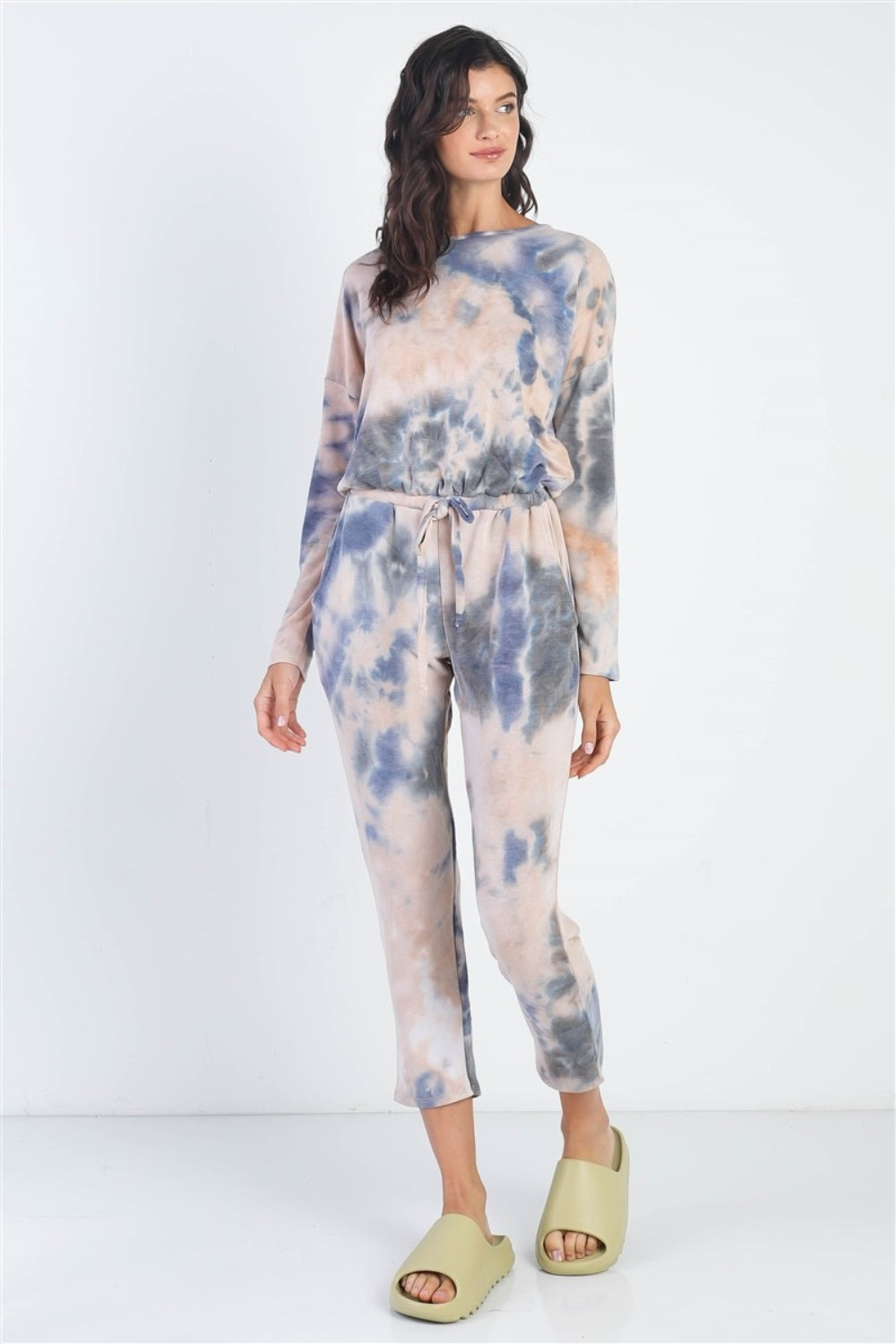 Cherish Apparel Tie-Dye Round Neck Long Sleeve Jumpsuit-Angel Casuals