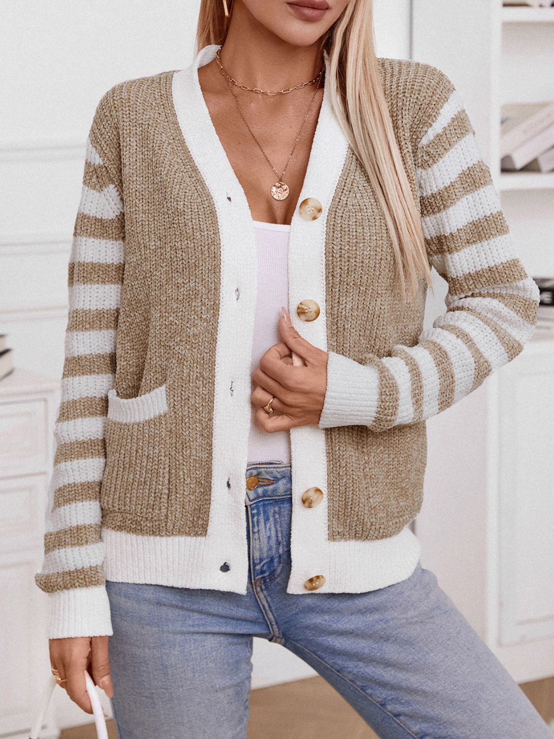Striped Button Up Long Sleeve Cardigan-Angel Casuals