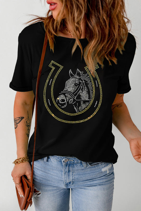 Rhinestone Round Neck Short Sleeve T-Shirt-Angel Casuals