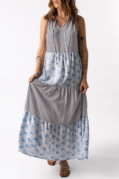 Mixed Print Tie-Neck Sleeveless Maxi Dress-Angel Casuals