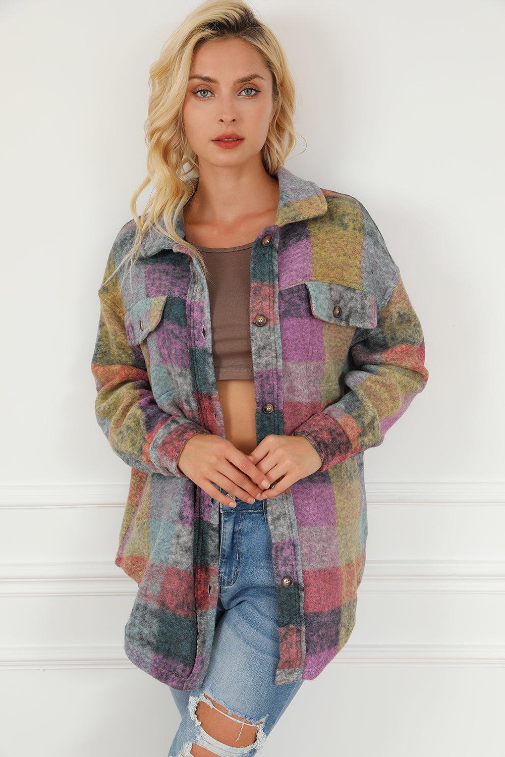 Plaid Collared Neck Button Front Jacket-Angel Casuals