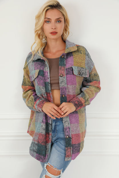 Plaid Collared Neck Button Front Jacket-Angel Casuals
